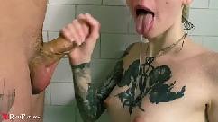 Tattoed babe pov blowjob and cum in mouth in the bathroom